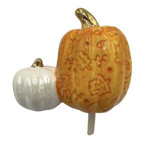 Nora Fleming Halloween Pumpkin Pair Mini Orange White Iridescent Leaves Initials